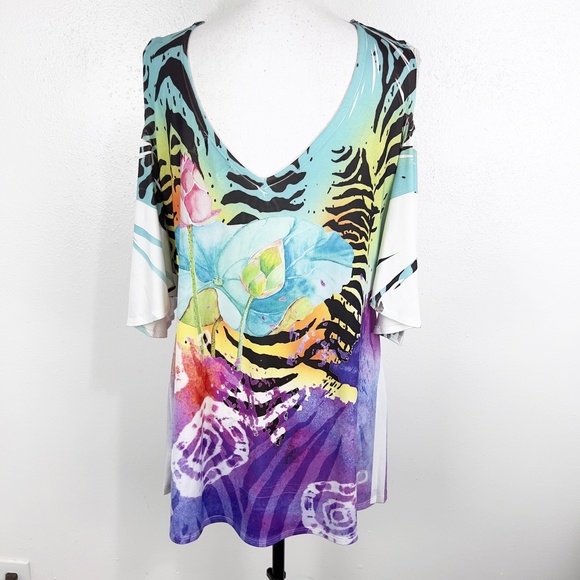 Fantazia Blouse Women Large Multicolor Floral All Over Print Cold Shoulder S/S - Picture 4 of 12